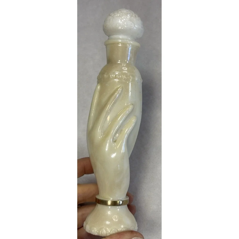 Vintage Avon Elusive Cologne Bottle White Milk Glass Hand Holding Bottle EMPTY